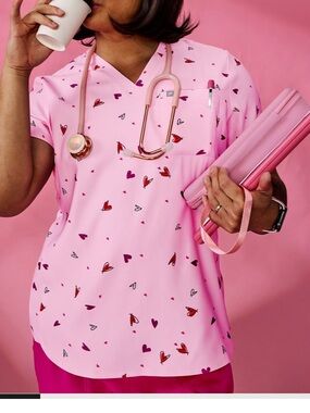 Women’s Pink Heart-Print Scrub Top - Lightweight Comfort